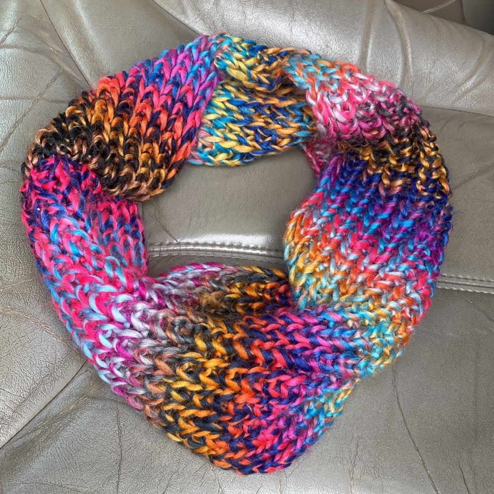 Multicolored rainbow infinity scarf poly acrylic goes with everything hand wash